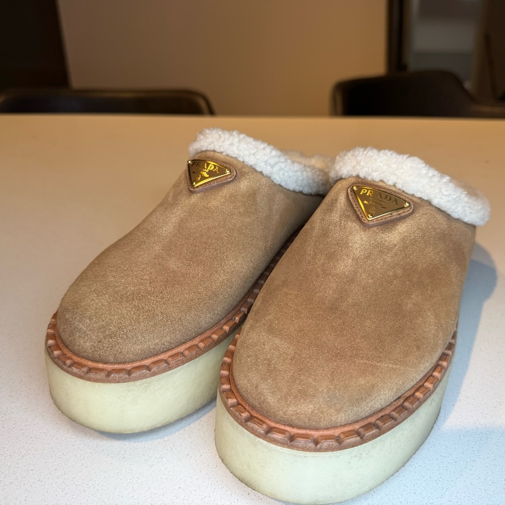 Prada Kids Tan Suede Slippers